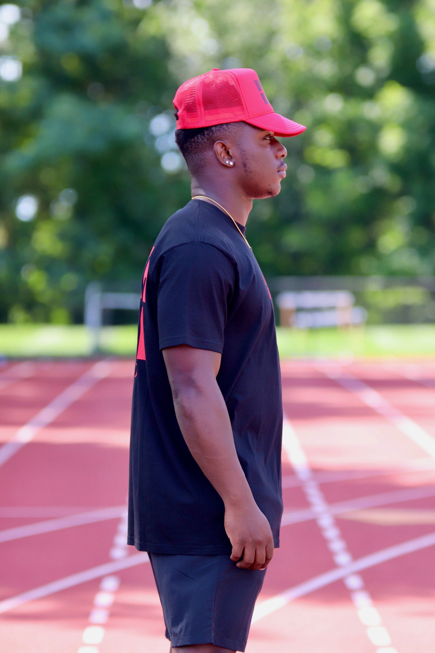 RED TRUCKER HAT WITH BLACK FONT