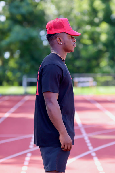 RED TRUCKER HAT WITH BLACK FONT