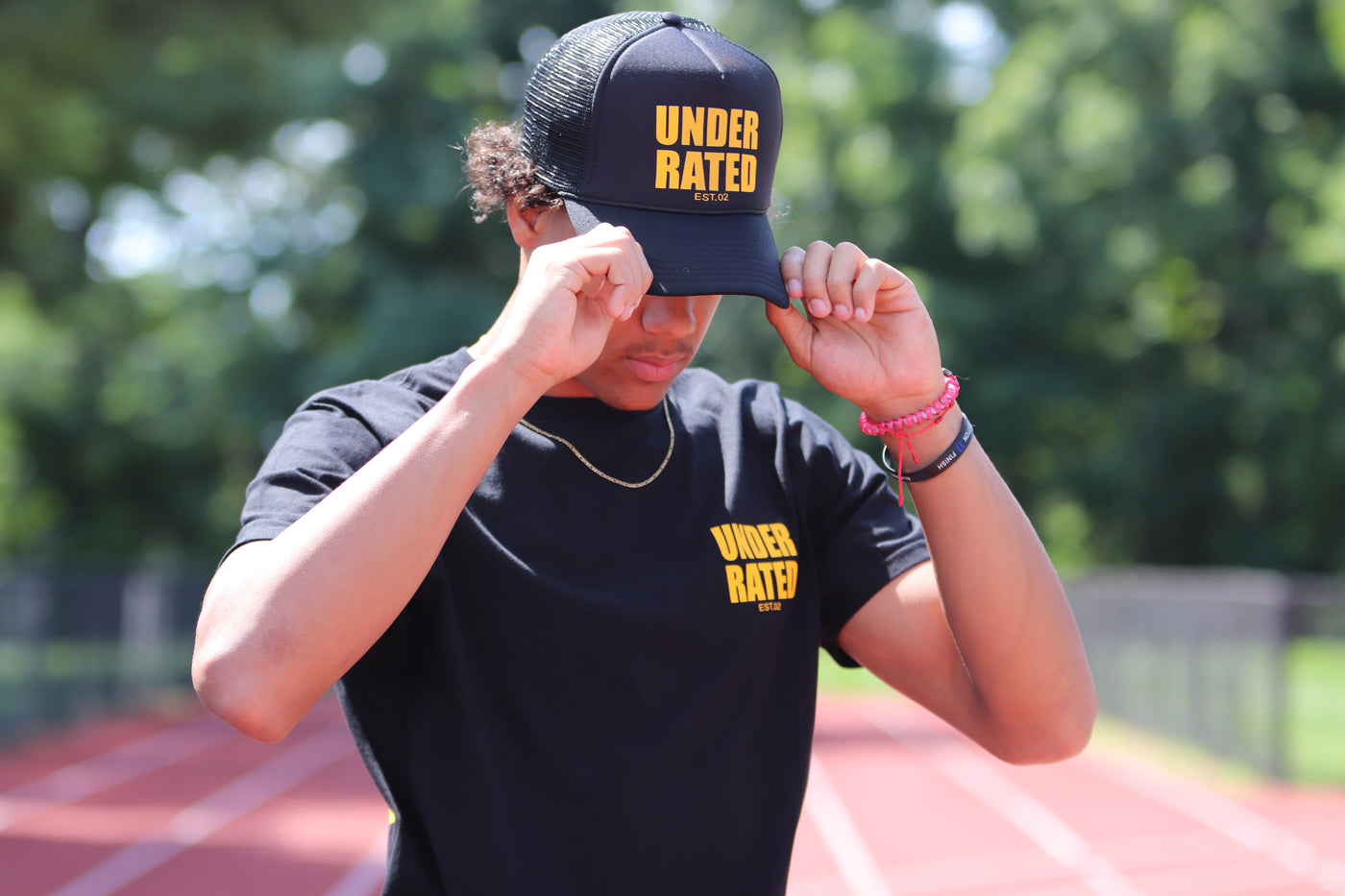 BLACK UNDERRATED TRUCKER HAT WITH YELLOW FONT