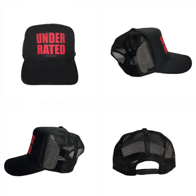 BLACK UNDERRATED TRUCKER HAT WITH RED FONT