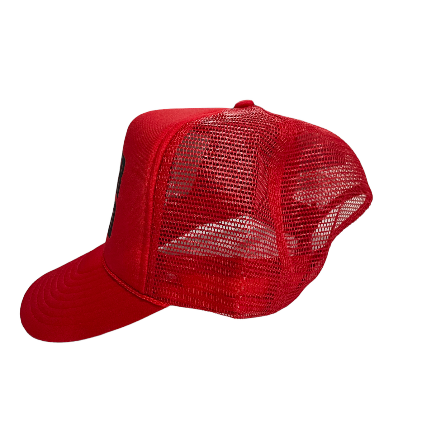 RED TRUCKER HAT WITH BLACK FONT