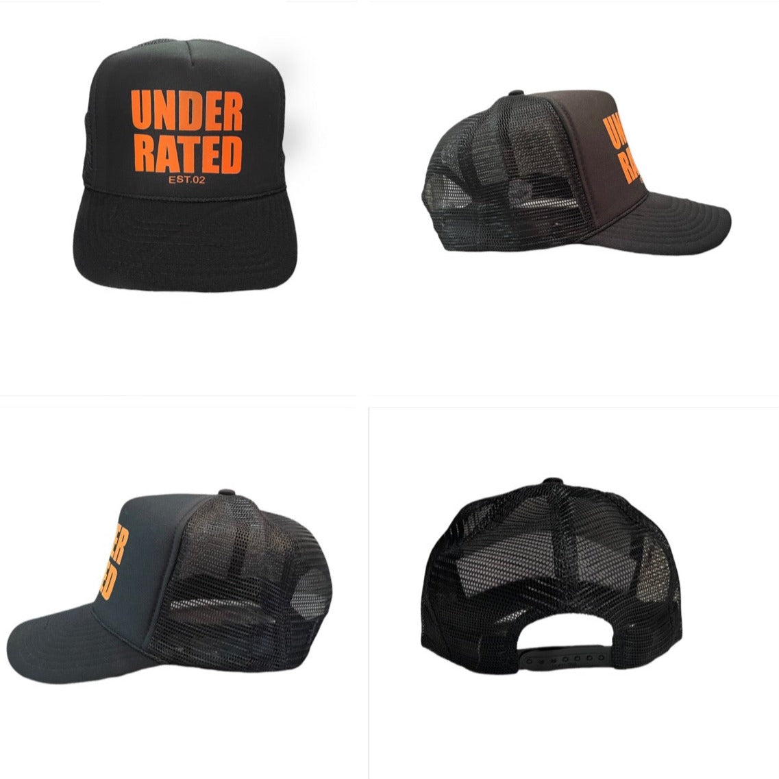 BLACK UNDERRATED TRUCKER HAT WITH ORANGE FONT