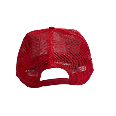 RED TRUCKER HAT WITH BLACK FONT